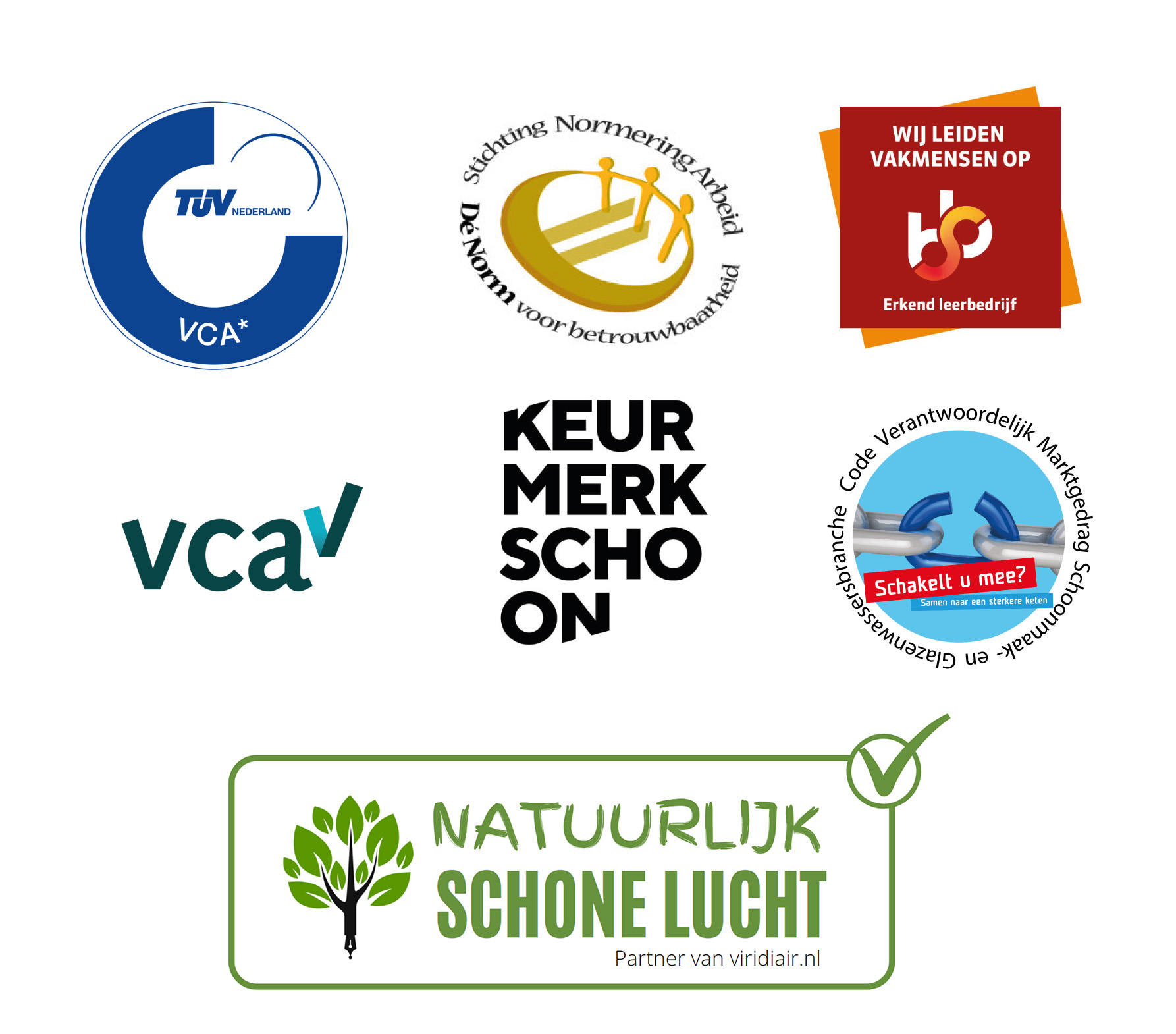 Keurmerken VentiMain - VCA - Normering Arbeid - SBB vakmensen - Keurmerk Schoon - Verantwoordelijk Marktgedrag - Viridiair partner